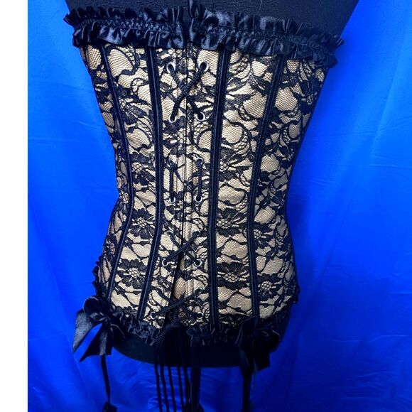 Womens Sz L Lace Corset Bow Ren Faire Valentines Lingerie Sexy Ruffle Boudoir - Picture 3 of 14